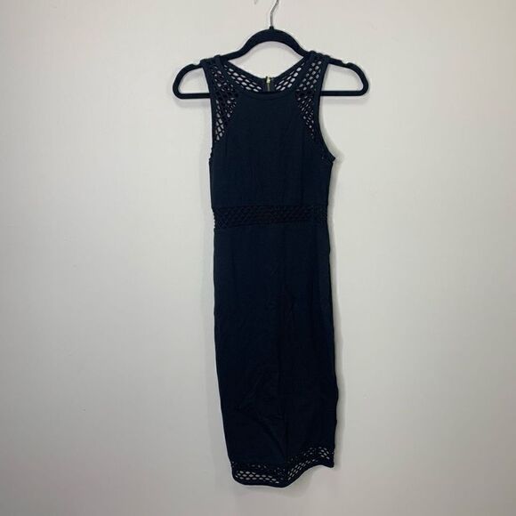 EXPRESS Black Midi Dress With See-through Mesh Midi Section Below Knee Length. S - Picture 1 of 7